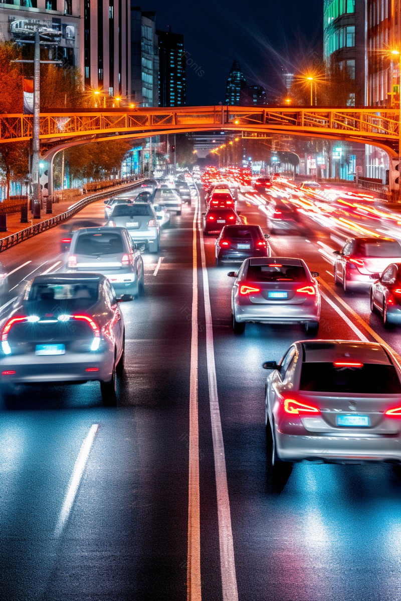 夜晚的现代化城市都市公路马路道路上行驶中的汽车车水马龙车灯路灯霓虹灯亮着图像摄影,高清,摄影图,摄影图片,图片大全,摄影图免费下载